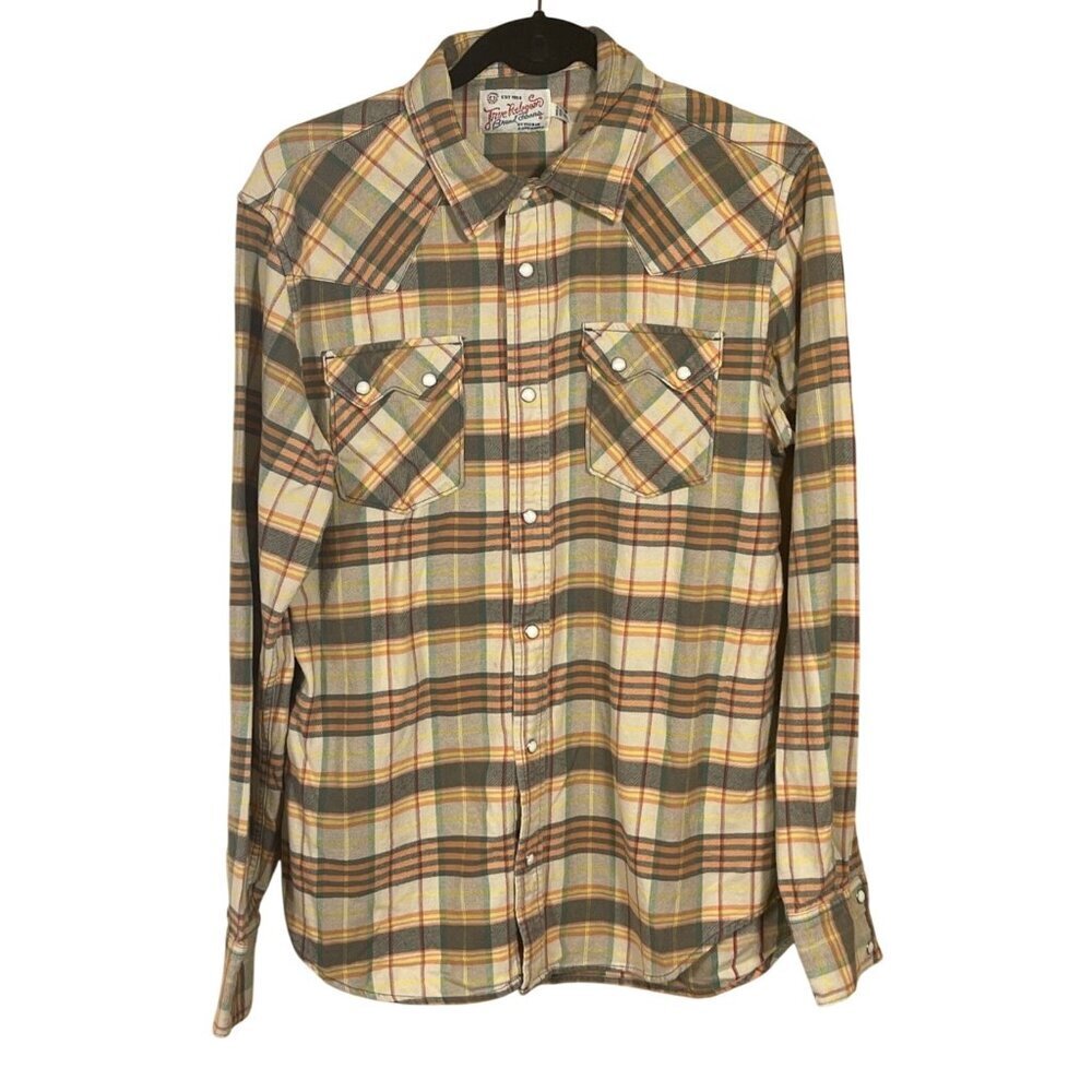 True Religion Men's Pearl Snap Shirt Flannel Cotton Orange Tan XL Extra Large ST